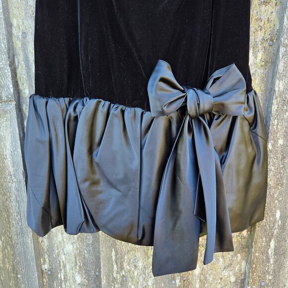 Vintage 80s Party Prom Bubble Dress With Bow Womens Size S Black Velvet Satin - Picture 2 of 10